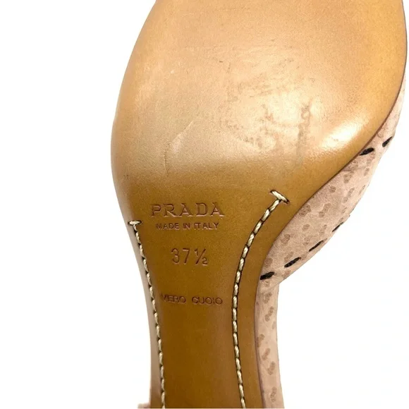 Vintage Prada 90s Y2K Ostrich Tan Brown Buckle Kitten Heels Pumps Shoes 37.5 7.5